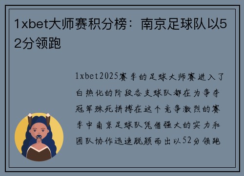1xbet大师赛积分榜：南京足球队以52分领跑